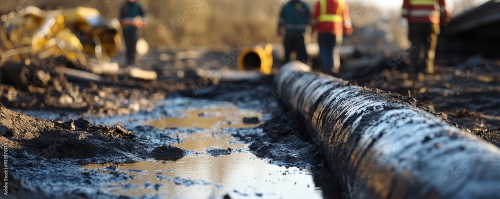 Close-up of a cracked oil pipeline leaking oil onto muddy ground with workers in the background addressing the environmental hazard